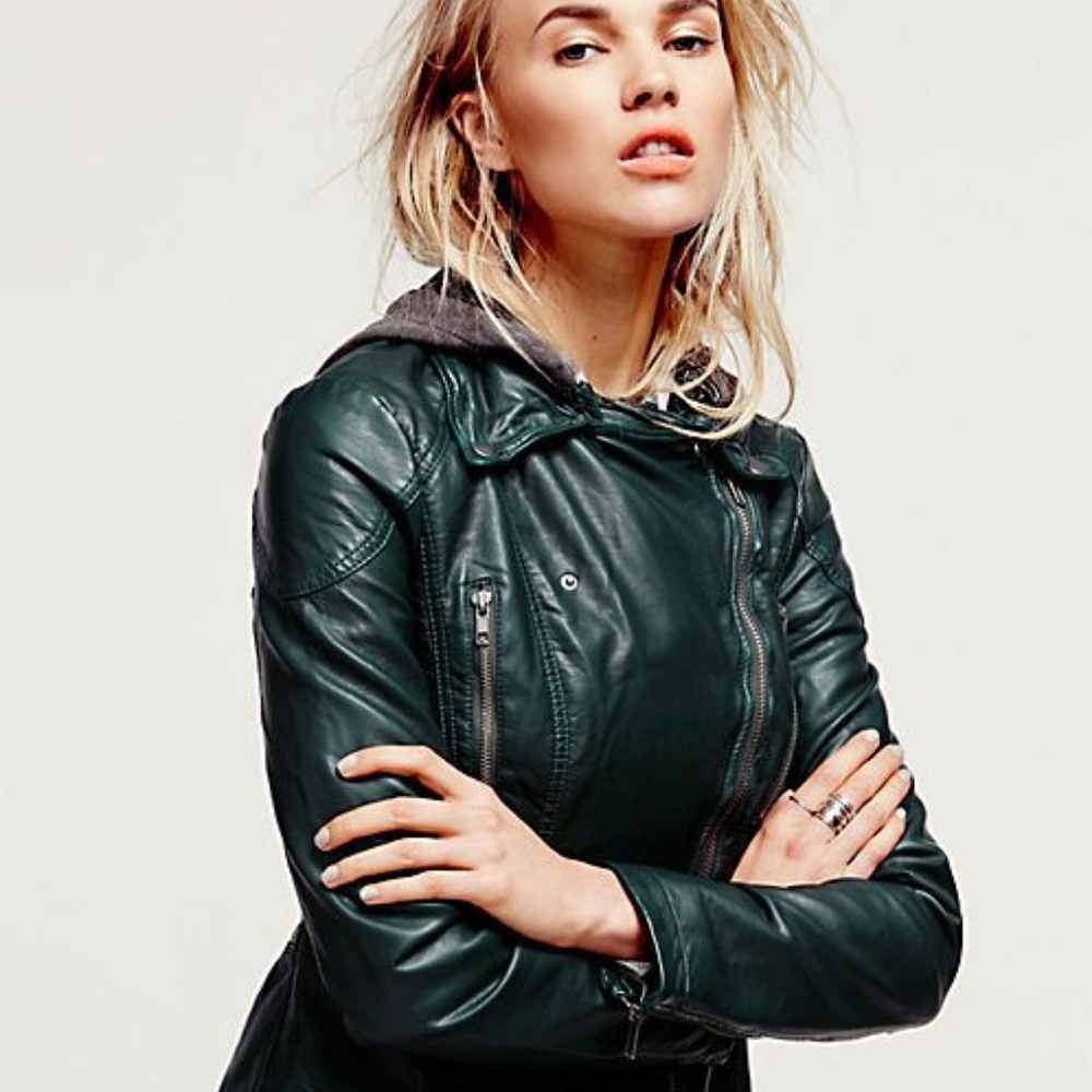 Free People Green Vegan Leather Moto Jacket